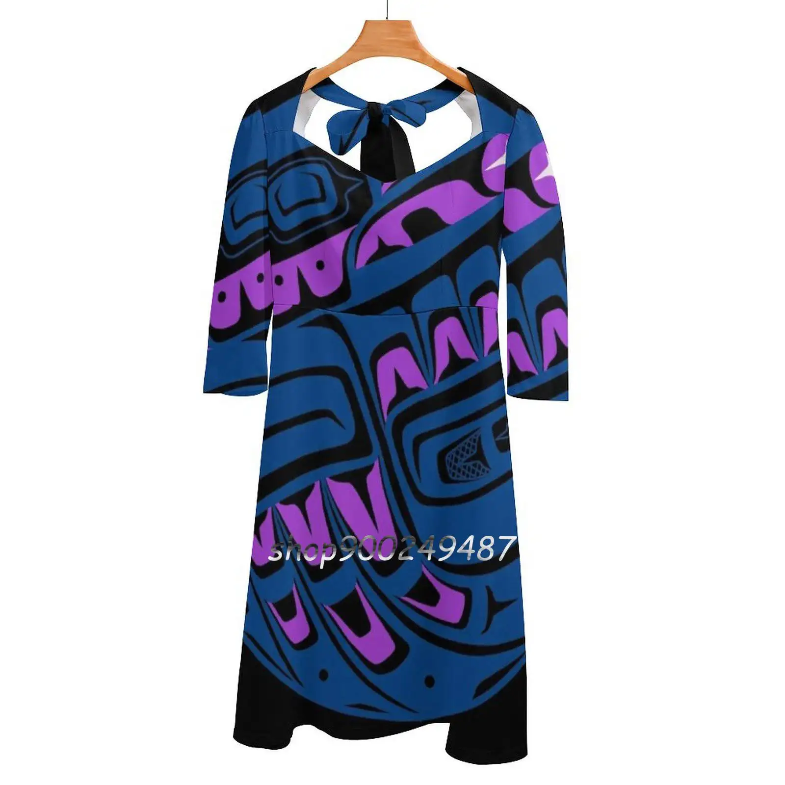 Raven Steals The Sun , Teal And Purple Sweetheart Knot Flared Dress Fashion Design Large Size Loose Dress Raven Creation Story