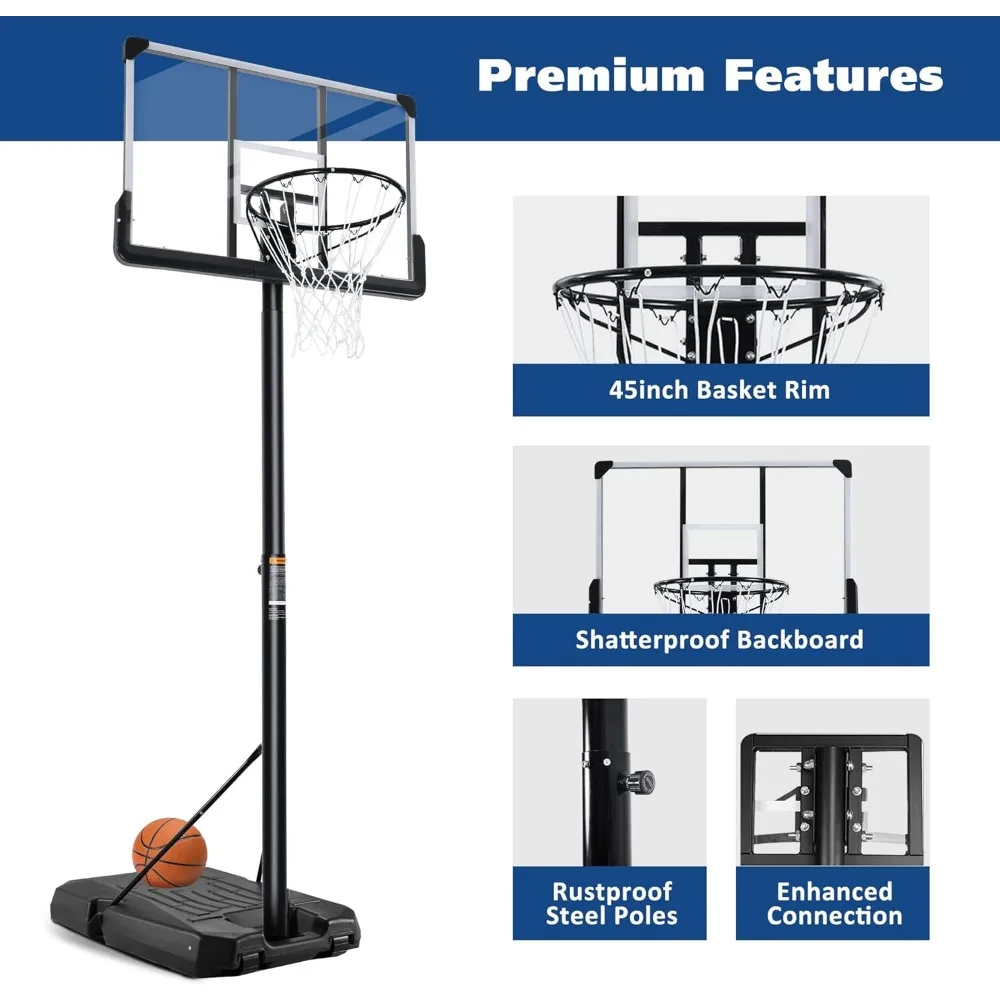조절 가능한 야외 농구 골대 시스템 6.7피트-10피트, 44인치 백보드 포함, 휴대 가능 및 모래주머니 지지형