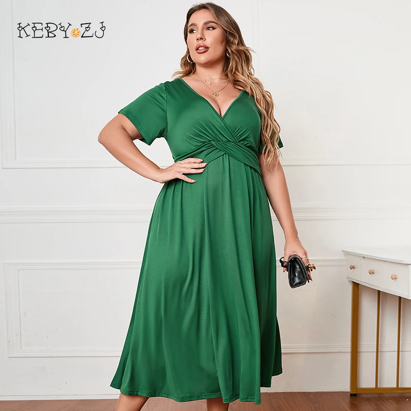 KEBY ZJ Plus Size 3XL 4XL Long Dress Women Deep V Neck Solid Elegant High Waist Summer Ladies Party Fat Girl A-Line Maxi Dresses