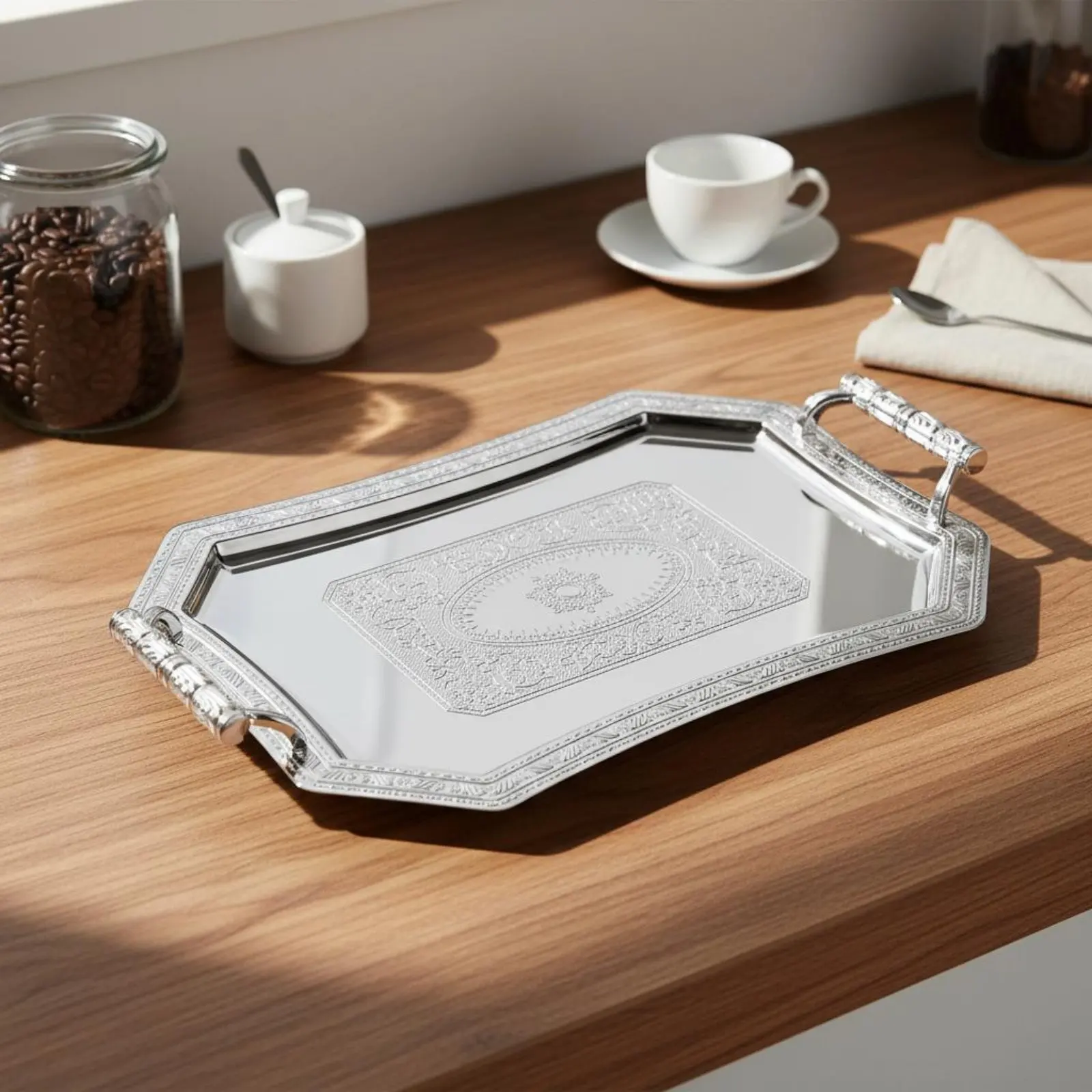 Ornate Serving Tray with Handles Elegant Design Embossed Stainless Steel Platter European Design Metal Tray Multi-Functional