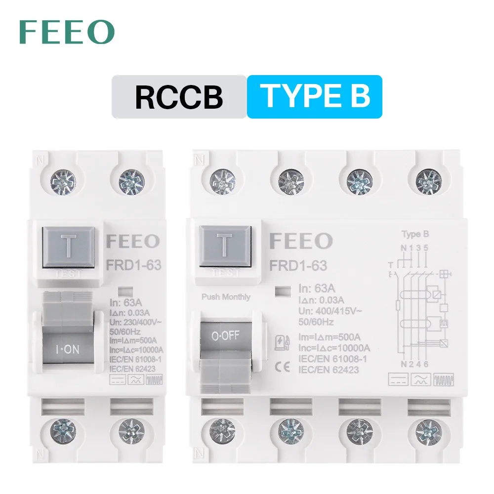 

RCCB RCD Type B Earth Leakage Residual Current Circuit Breaker Evse 4P AC 40A 63A 30 ma Din Rail 400V/415V