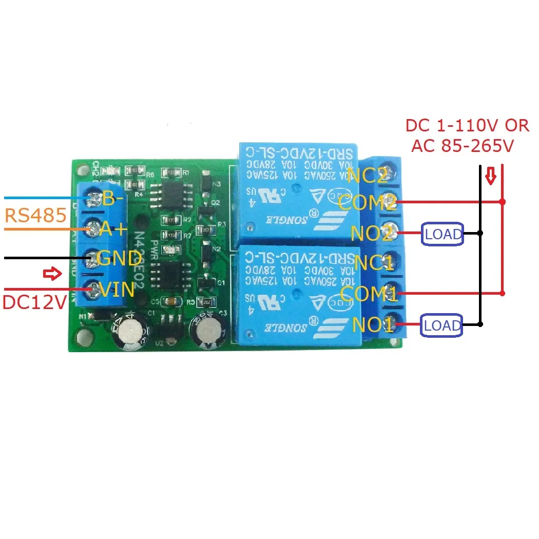 N428E02 New! Dc 2Ch 12V Rs485 Modbus Rtu Relay Pc Uart Serial Port Switch Board for Plc Camera Industrial Control System Led Ptz