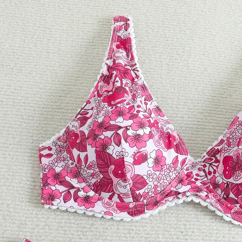 Elegant Floral Pattern Swimsuit Women Bikini Push Up Patchwork Lace Edge Triangle Thong Bikini Set 2025 New Sexy Lady Beachwear