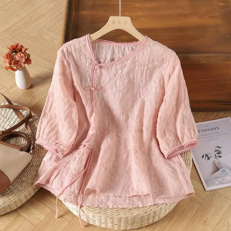 

Summer New Retro Slanted Collar Buckle Blouse Women Chinese Style Embroidered Cotton and Linen Literary and Leisure Shirt