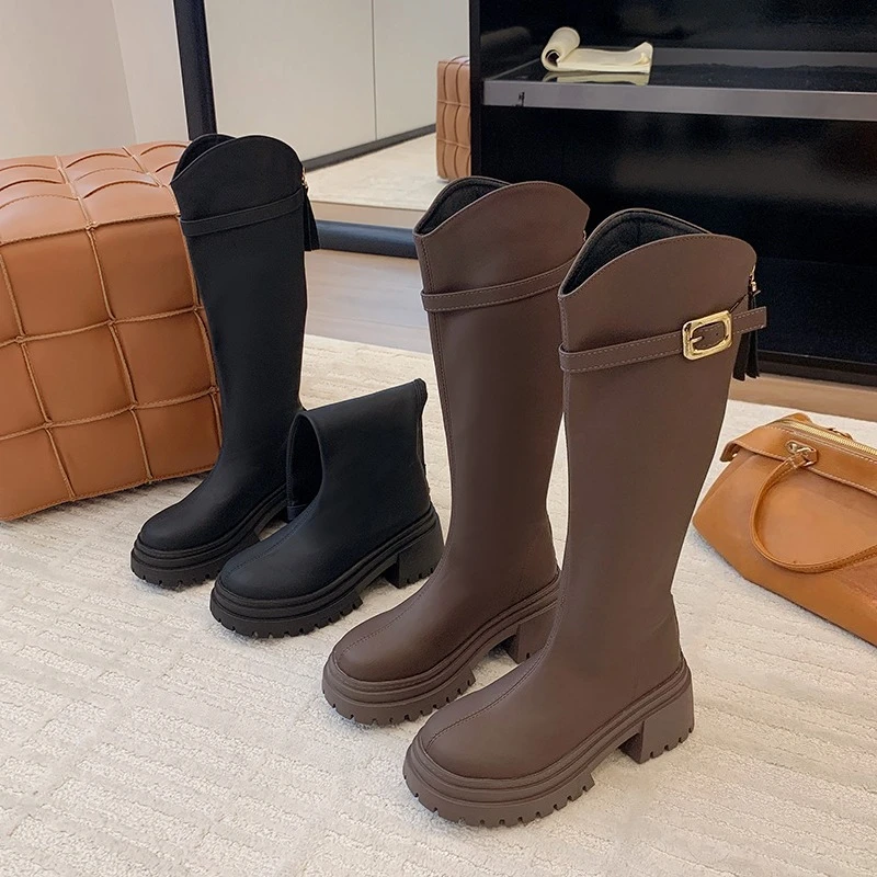 

Женские высокие сапоги на высоком каблуке, обувь на массивной платформе, зимняя мода, элегантные туфли-лодочки в стиле ретро, женские туфли Botas 2025 Trend Zapatillas De Mujer