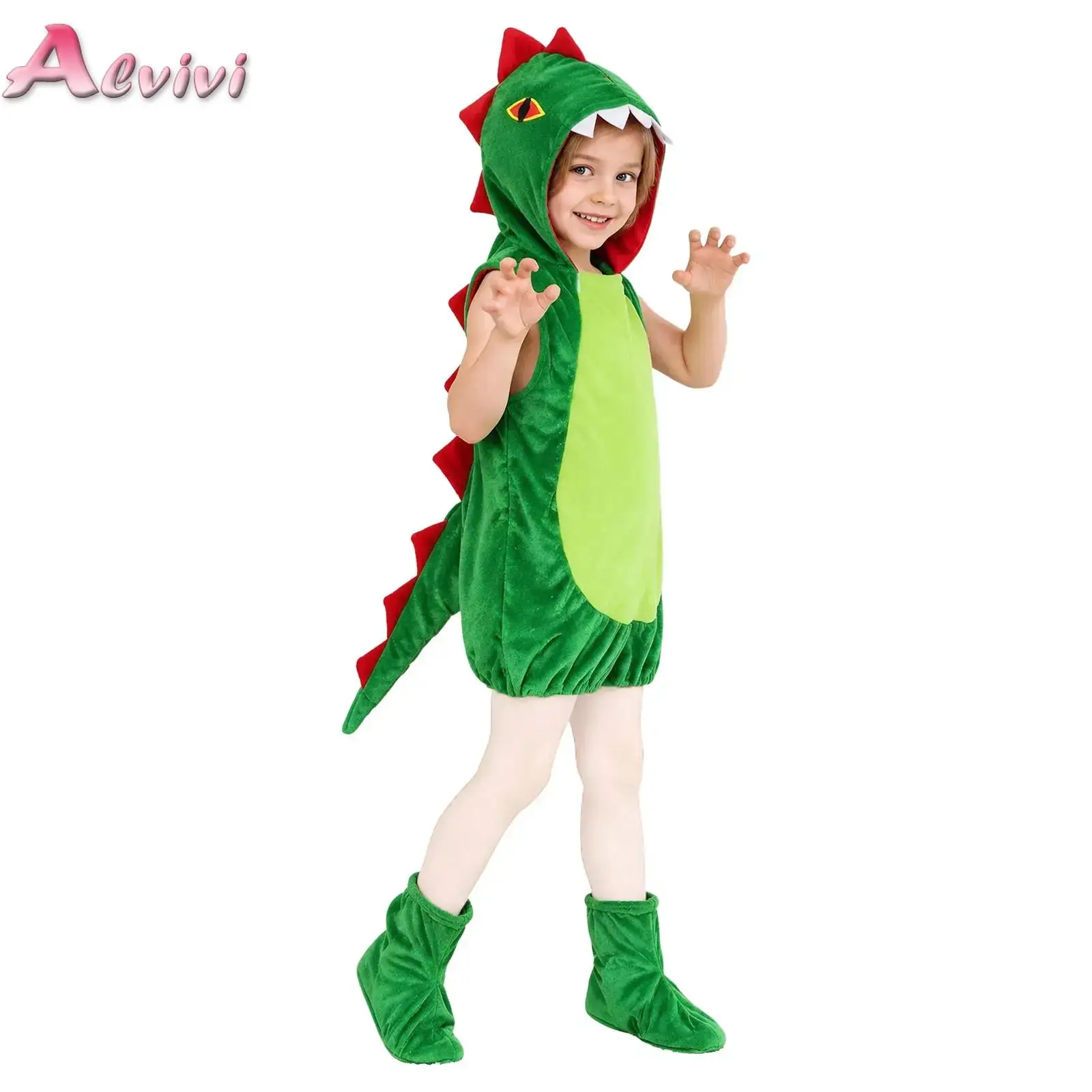 Unisex Kids Boys Girls Dinosaur-themed Costume Sleeveless Hooded Romper with Faux Tail And Hook And Shoe Cover for Performance