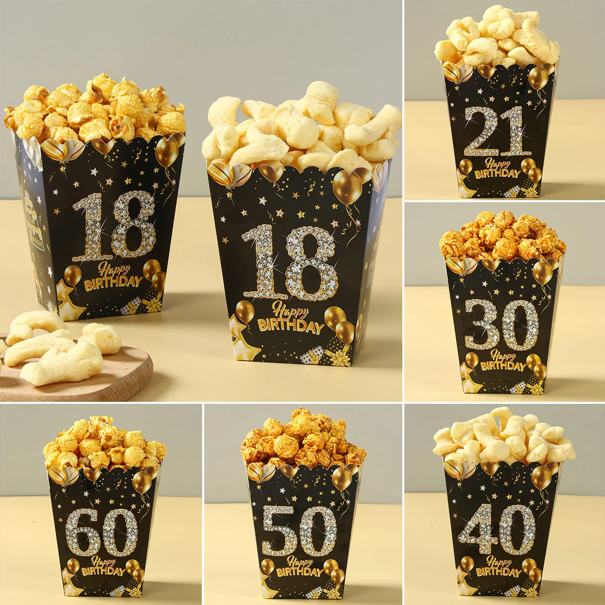 6pcs  Black Gold Birthday Paper Popcorn Box  18 21 30 40 50 60 Years Old Birthday Party Decor Aldult Party Supplies Treat Box