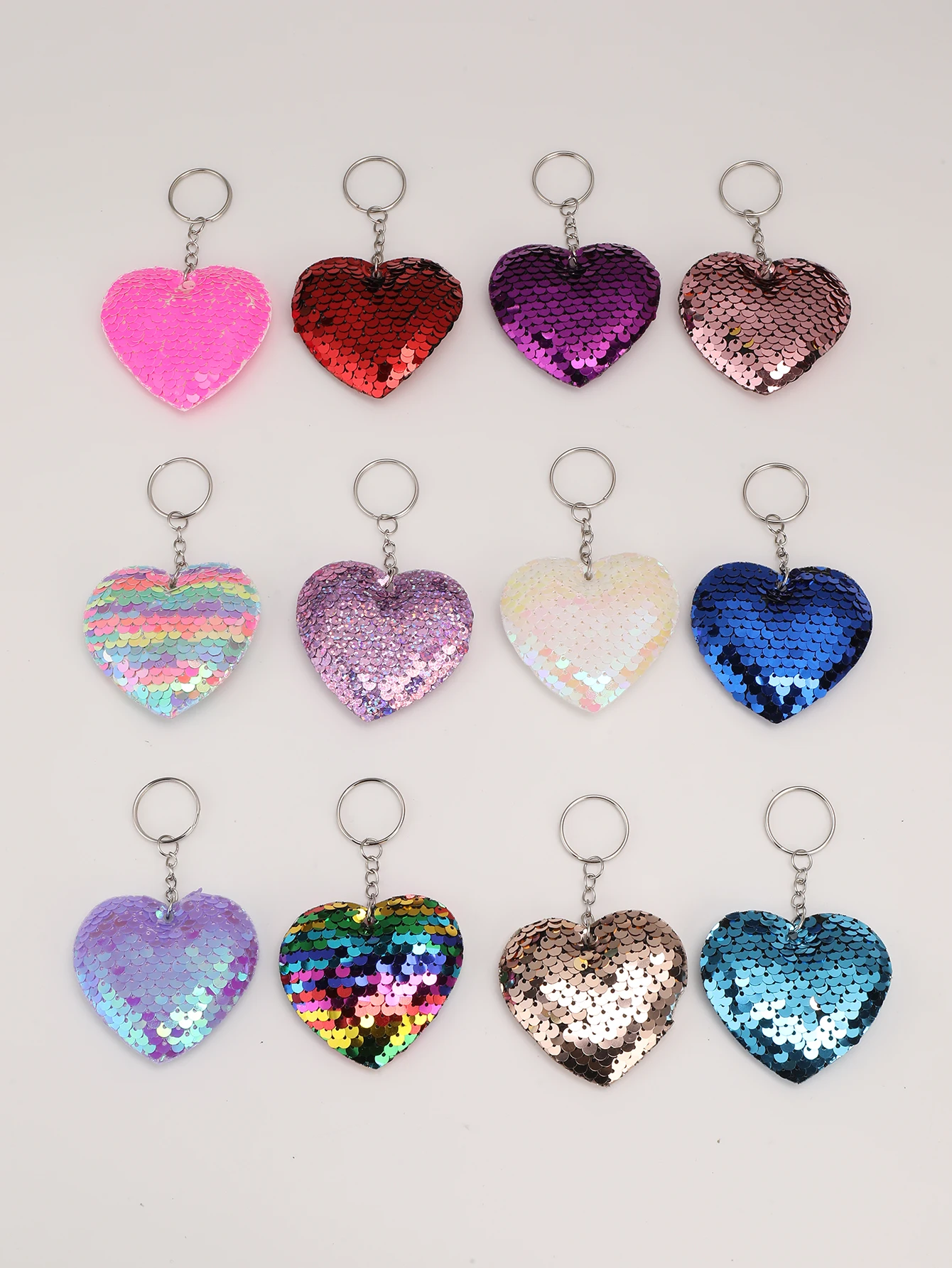 12pcs Sequin Love Heart Keychain Cute Cartoon Bag Key Chain Keyring Ornament Bag Purse Charm Accessories Valentine's Day Gifts