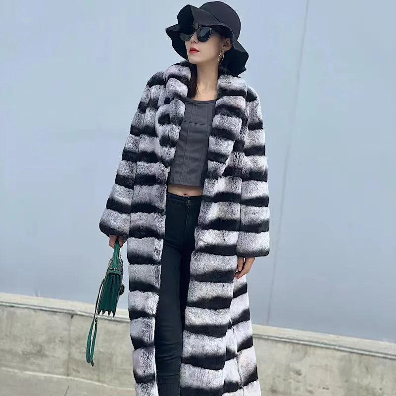 2022 New Real Featured Whole Leather Real Rex Rabbit Long Fur Coat Simple Street Warm women's winter Whole Leather fur coat