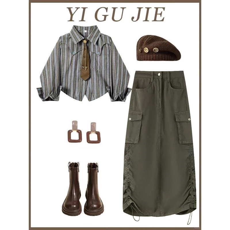 

Весенний модный комплект из полосатой рубашки и юбки с высокой талией в стиле рабочей одежды, женский костюм-двойка с воротником, длинный рукав