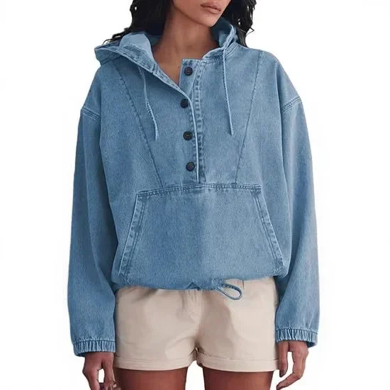 

Women's Fashionable Denim Hooded Jacket Button-Up Sweatshirt Loose Fit Cotton Sportswear Top 2025