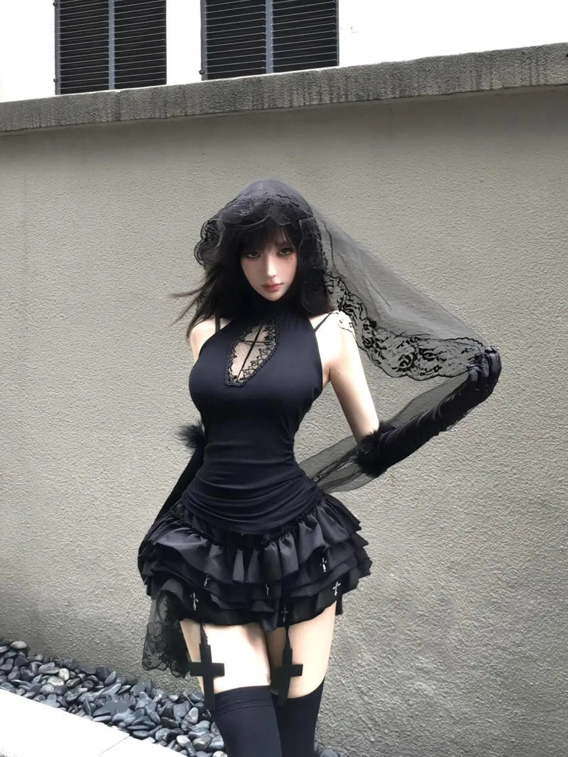 Japanese Y2k Gothic T-shirt 2 Piece Set Women Lace Embroidery Tops + Cross Cake Skirts Dark Set Harajuku Cyber Punk Streetwear