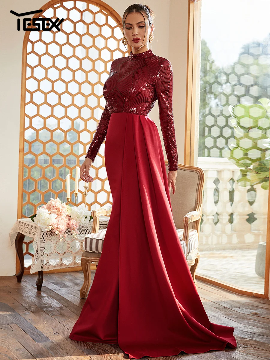 Yesexy neue formale drapieren a-Linie Langarm Pailletten rot Abschluss ball Abend Luxus elegante Party kleider für Frauen 2024 Cocktail kleid