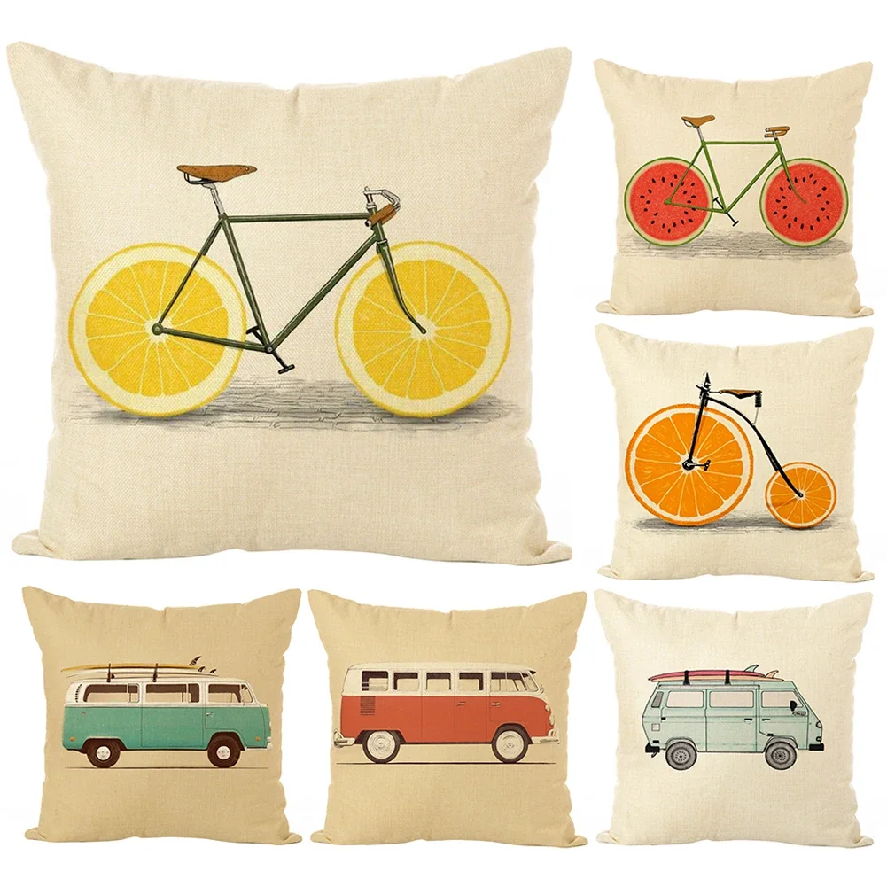 Fruit Bike Bus Printed Cotton Linen Cushion Cover Pillow Case Home Cafe Sofa Bed Throw Pillow Cover Home Decoration Pillowcase