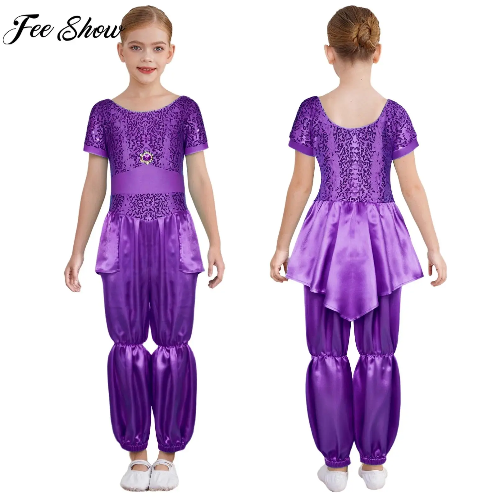 

6-16Y Girls Halloween Fairy Tales Arabian Jasmine Princess Cosplay Costume Shiny Sequin Skirted Jumpsuit Belly Dance Bodysuit