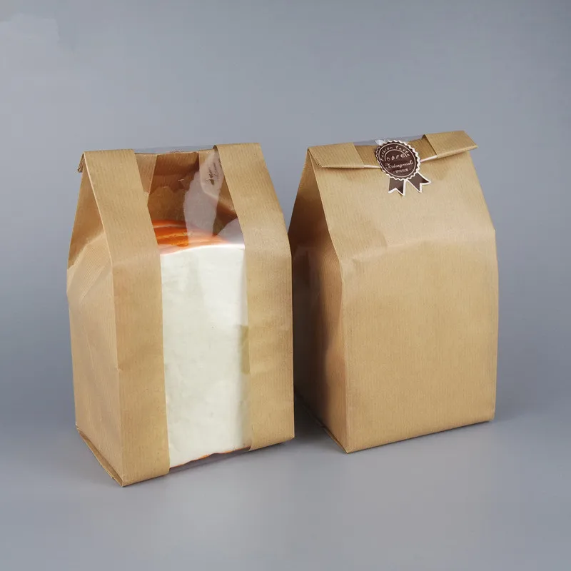 

50Pcs Oil-Proof Brown Kraft Paper Bread Packaging Toast Window Clear Baking Takeaway Food Cake Bags