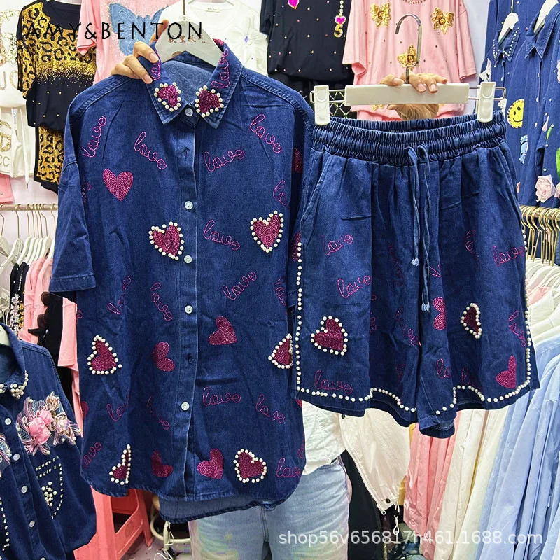 

Fashion Diamond Drills Love Denim Shirt Elastic Waist Loose Shorts 2pcs Set Spring New Arrival Single Breasted Blouse Suit Women