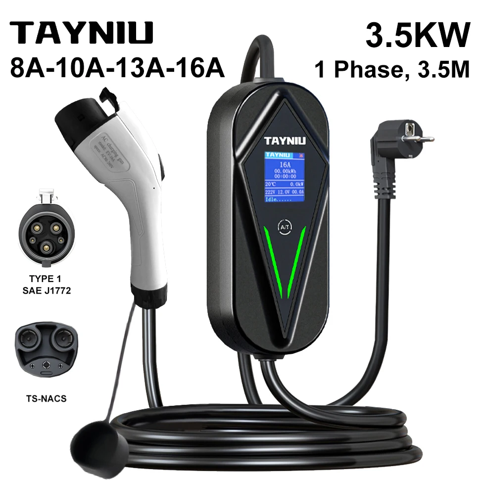 

TAYNIU 3.5kW electric vehicle Charger 8A-16A TYPE 1 J1772 TS-NACS Charger Level 1 Charging Cable for Tesla,Kia,Hyundai All EVs