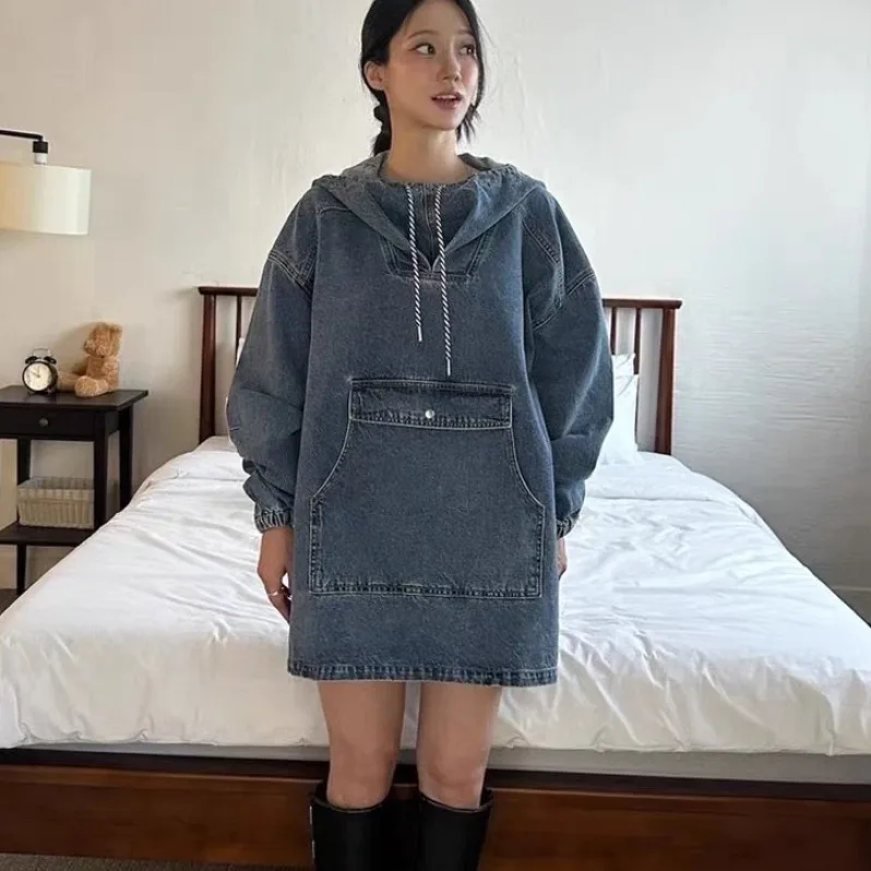 

Женская джинсовая куртка Jaet 202, ранняя осень, новый дизайн, свободная повседневная толстовка с капюшоном, топ Dongda Gate Sle Long Sve, пальто средней длины