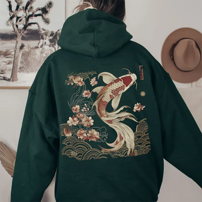 

Городская унисекс толстовка с капюшоном в виде рыбы, свитер с капюшоном, графическая одежда, стильный верх с прудом, повседневная уличная одежда или повседневная одежда для мужчин и женщин