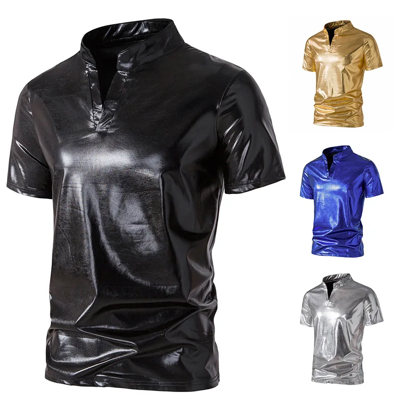 Spring and Summer New Men's Short Sleeved Shirts, Vest, Shiny Henry Collar, Men's Fashion Nightclub Instagram Trend