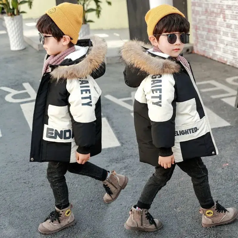 2-8 Years Winter Boys Jacket Fur Collar Hooded Cotton Plus Velvet Thicken Keep Warm Baby Parkas Coat Birthday Gift Kids Clothes