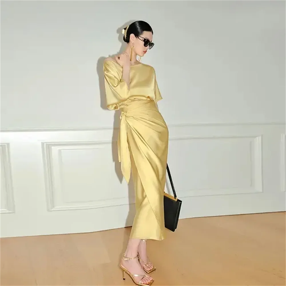 

2024 Summer Elegant High Quality Luxury Chiffon Solid Color Raglan Sleeve Bag Hip Inclined Shoulder Dress