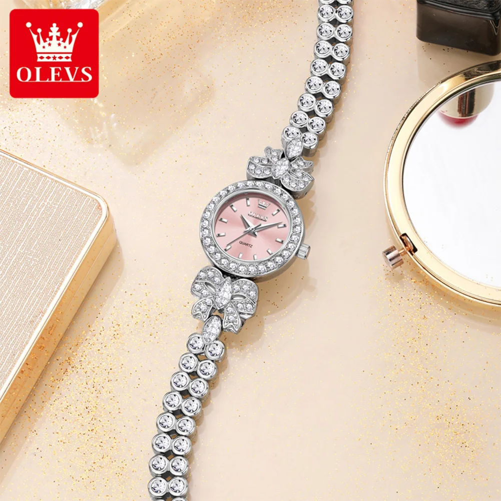 OLEVS 5887 Women Watch Elegance Zirconia-set Bow Dial Quartz Movement 30m Waterproof Alloy Bracelet High Beauty Gift Box Watch