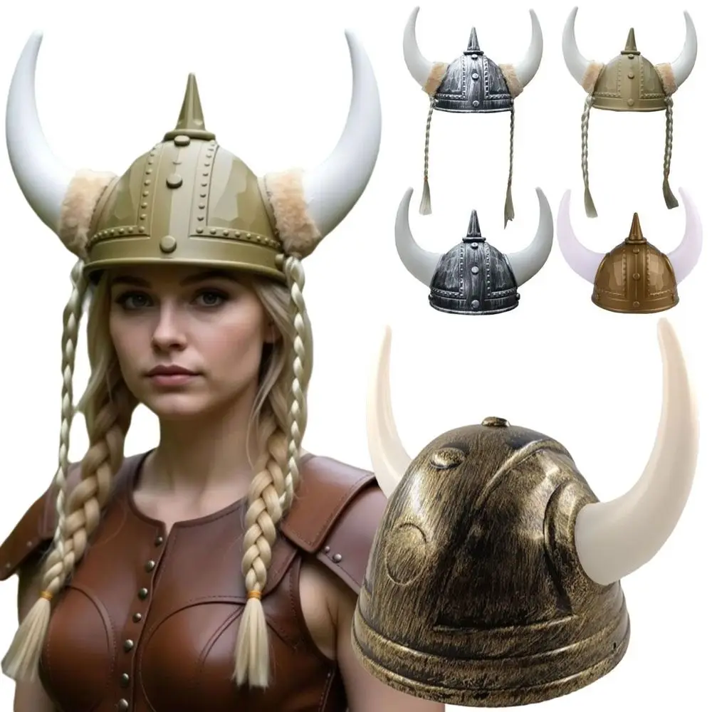 Plastic Viking Horn Hat Helmet Antiqued Head Ornament Medieval Warrior Knight Hat with Braids Retro