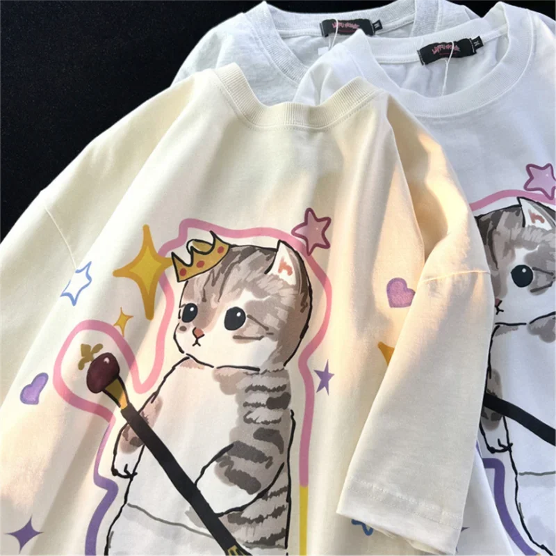 Camiseta con estampado de gato divertido, camiseta Harajuku, ropa informal Neutral, camisetas femeninas Kanji japonesas, camisetas bonitas, pantalón