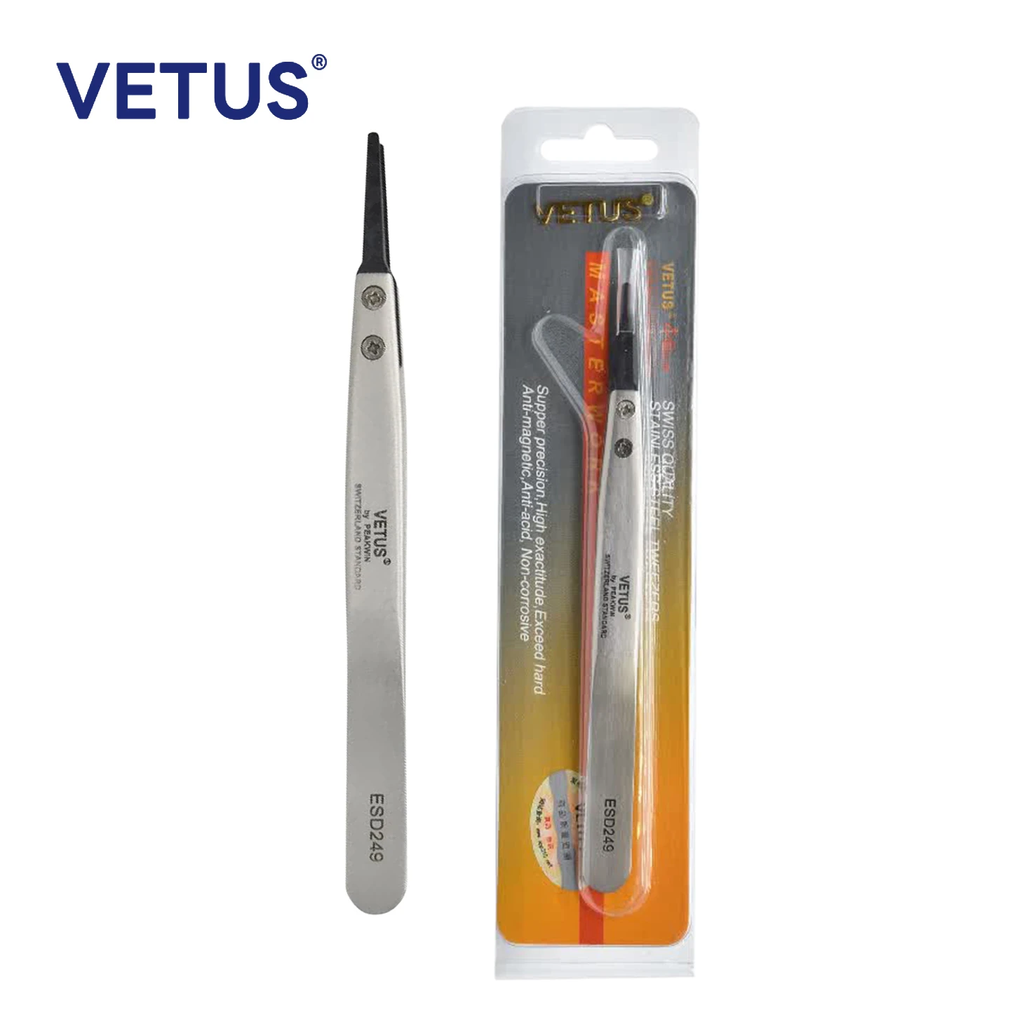 VETUS ESD Replaceable Tweezers PPS Carbon Fiber Anti-static HF Head Non-magnetic Body For Precision Electronics Assembly