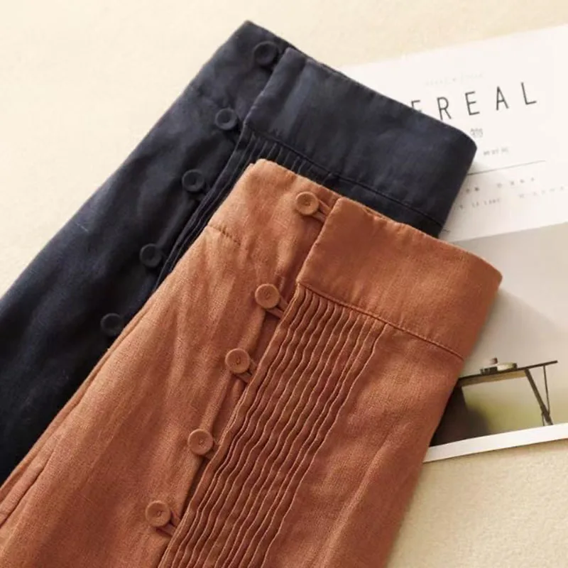 الصيف مطوي سبليت ميدي تنورة المرأة تنوعا ألف خط القطن الكتان تنورة السببية زر مرونة عالية الخصر التنانير