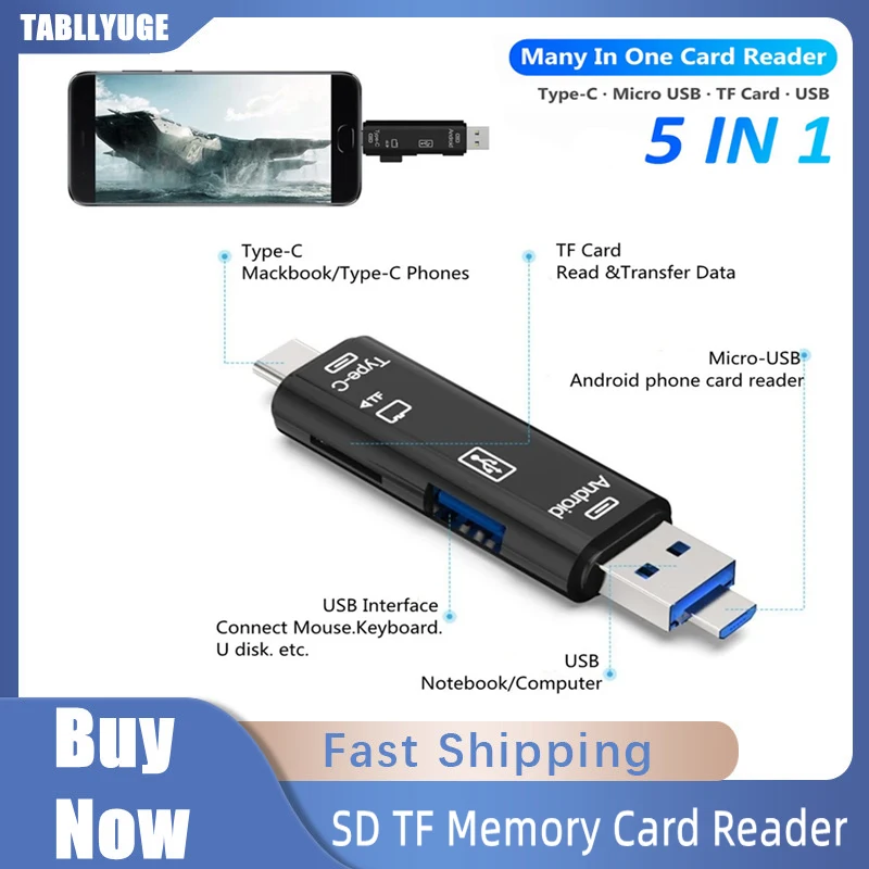 

5 in1 Type C Adapter Multifunction Usb 2.0 Micro TF SD Memory Card Reader OTG for Mobile Phone Computer Smartphone Dock Adapter