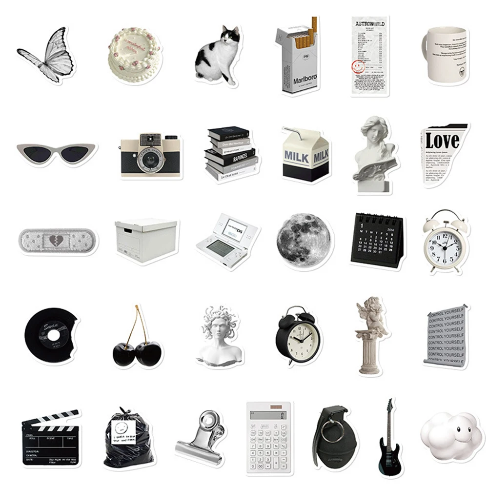 10/30/61 Uds. Pegatinas bonitas de estilo Simple Ins en blanco y negro, pegatina estética de dibujos animados, botella de agua, pegatinas para teléfono y cuaderno, decoración