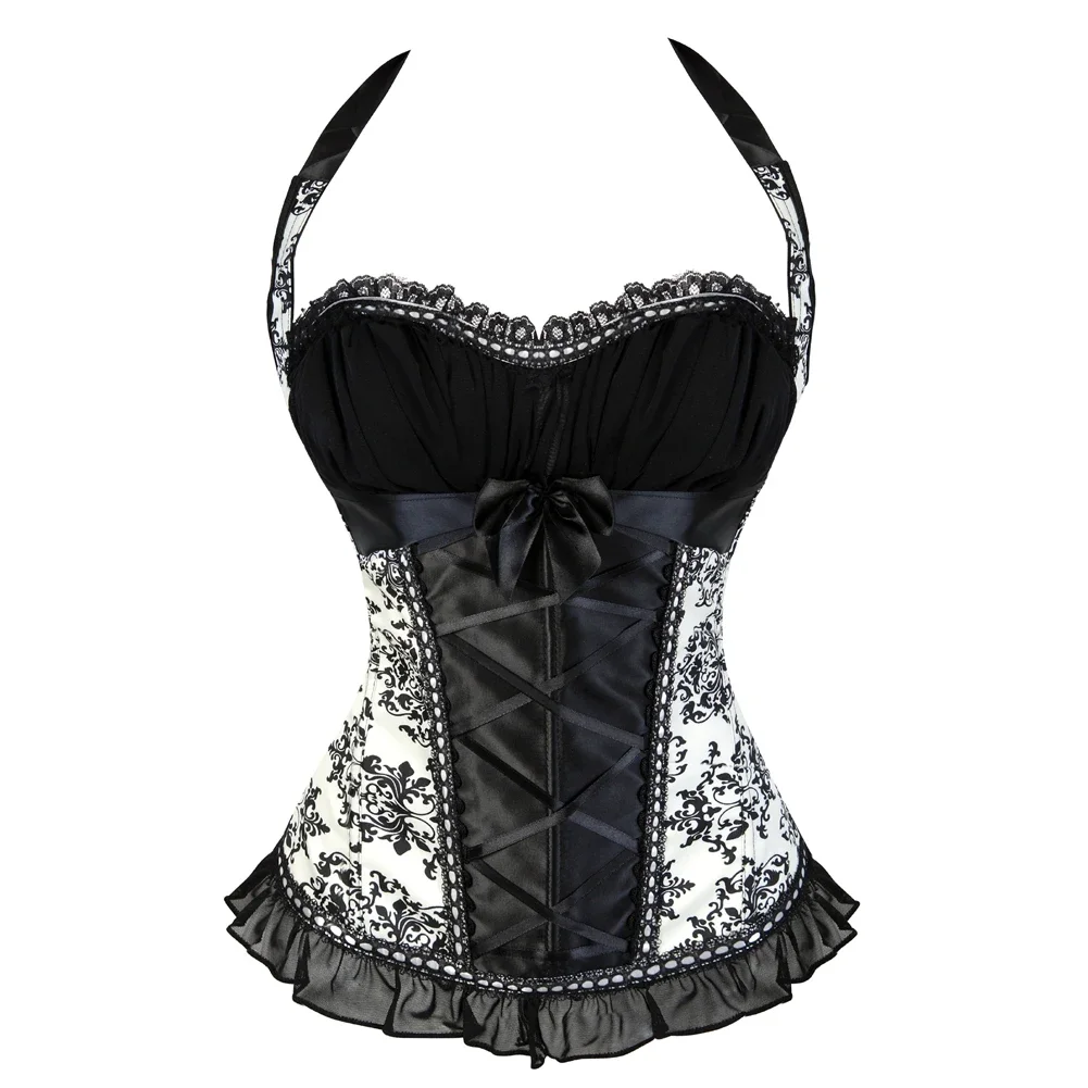 Women's Bustiers Corsets Lace Flower Print Corset with Halter straps Brocade Gothic Sexy Lingerie Top Vintage Victoriano Bustier