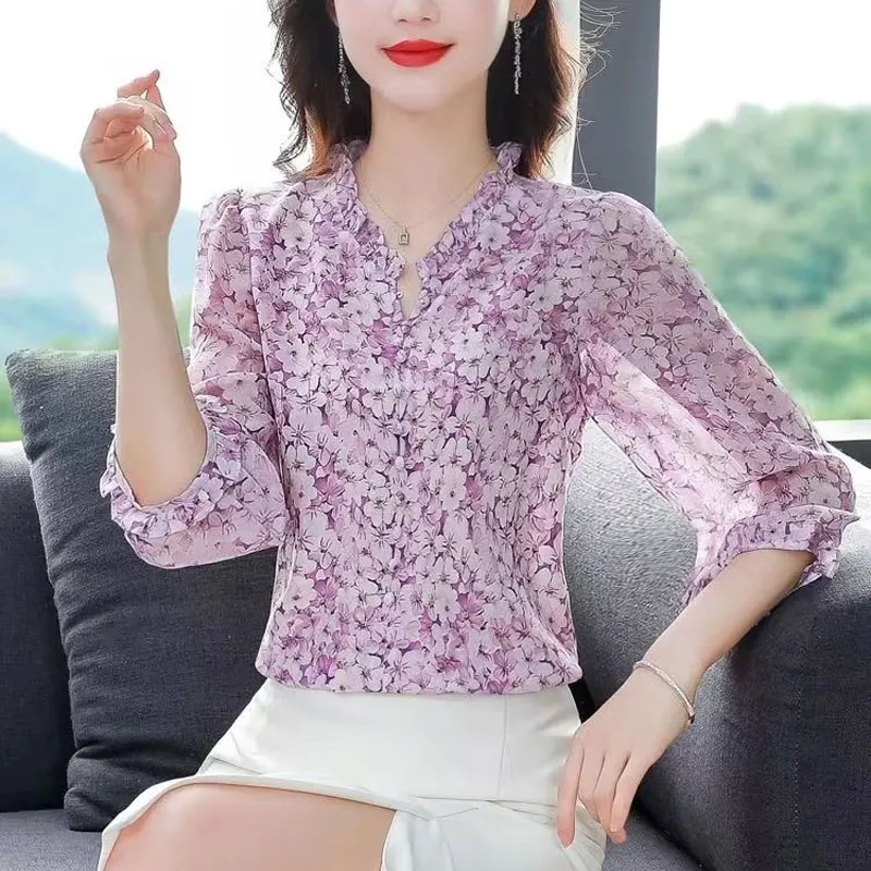 Commute Broken Flowers Shirt Printed Female Clothing Casual 3/4 Sleeve Spring Summer Elegant V-Neck Stylish Button Loose Blouse