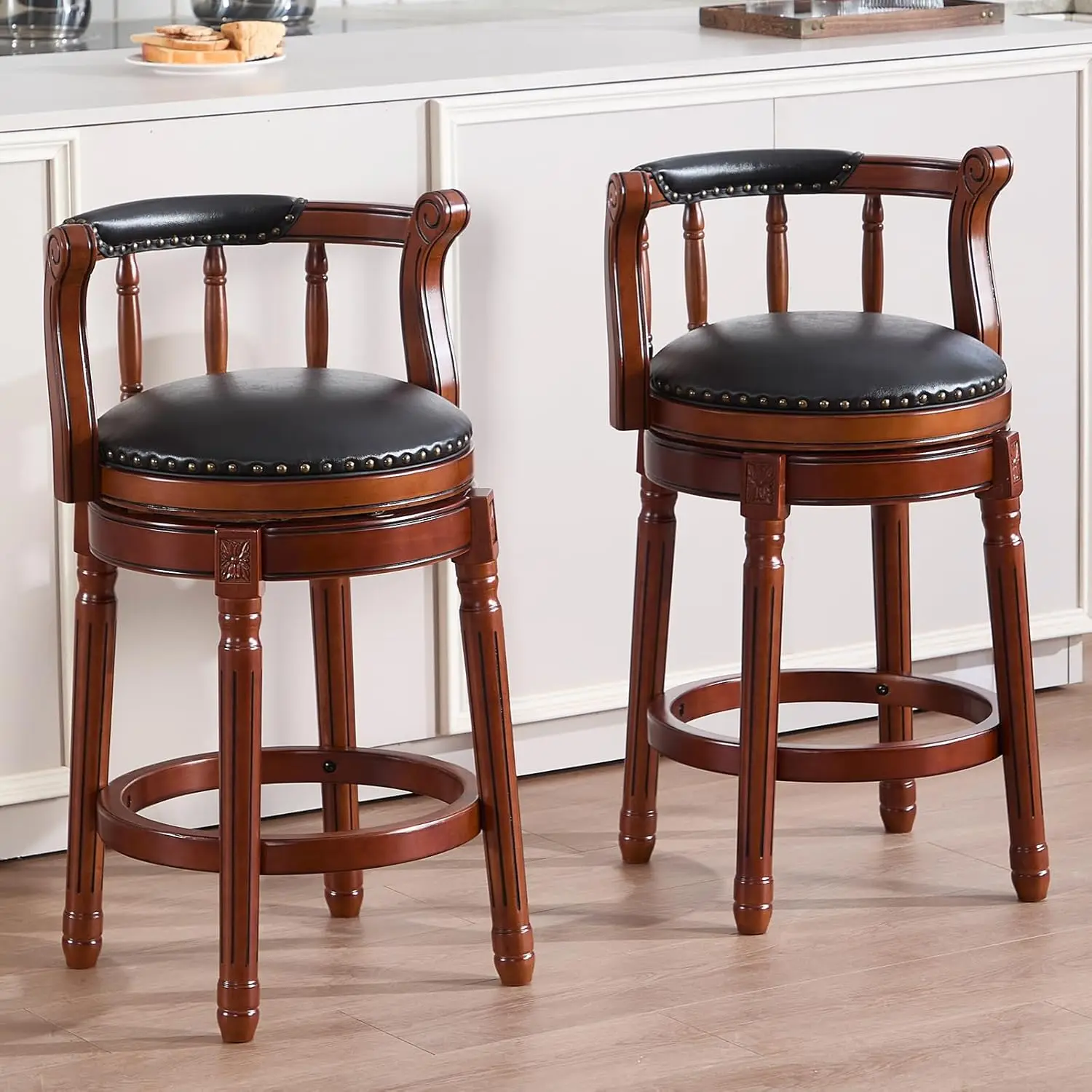 

Набор из 2 барных стульев, обтянутых натуральной кожей, высота до столешницы, черные барные стулья со спинкой, ножки из массива дерева, на заказ