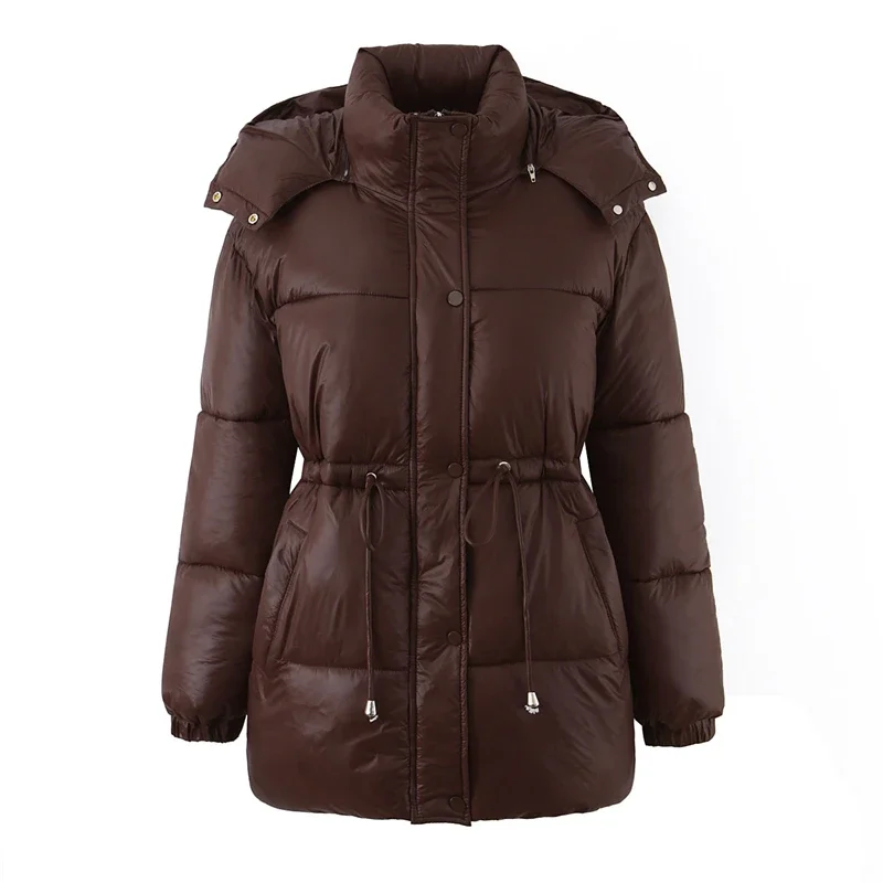 2025 Fashion Quilted Down Coat with Waist Drawstring for Winter Warmth Women's Brown Puffer Jacket with Removable Hood