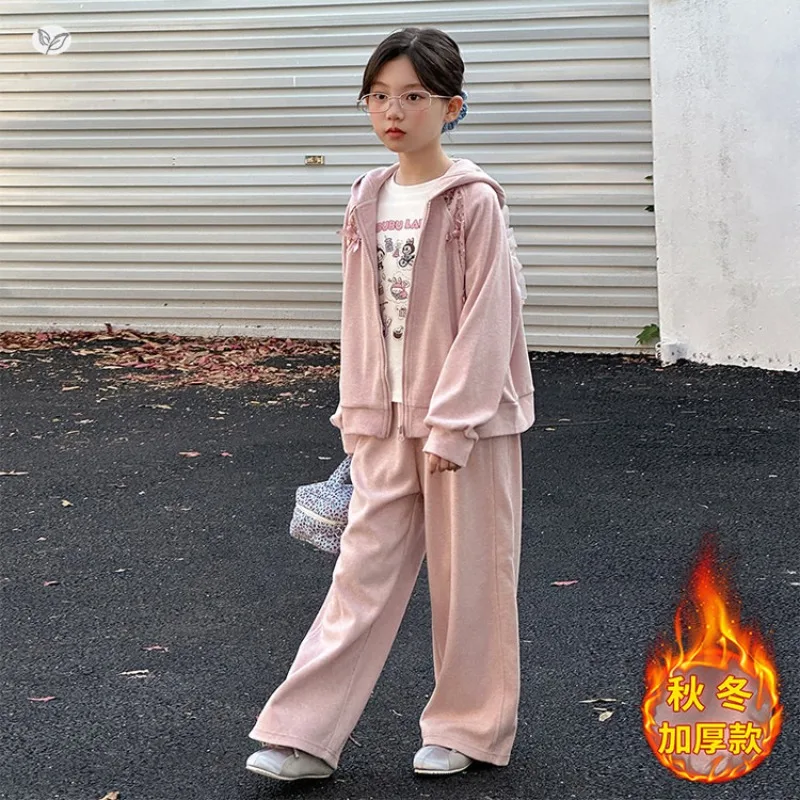 طقم هوديي كاجوال جديد لخريف وشتاء 2025 للفتيات مع مخمل مضاف وسمك سميك، سروال مريح واسع الساق #1