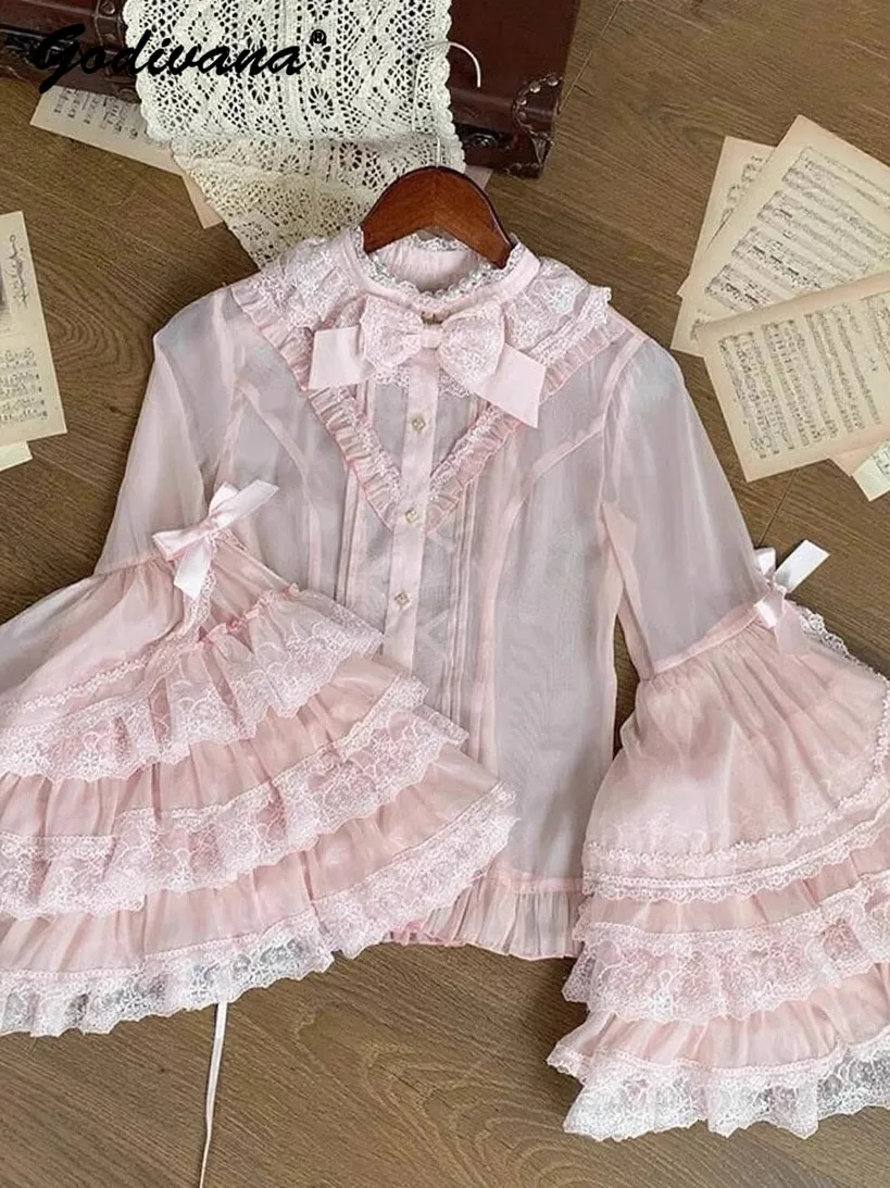 Sweet Girls Lolita Ji Sleeve Blouse New Spring and Autumn Lace Stitching Stand Collar Bow Flare Sleeve Pink Shirt Tops for Women