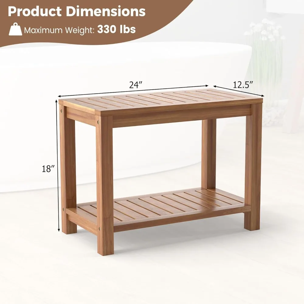 Banco de chuveiro de teca com prateleira, banco de chuveiro de 24 polegadas com assento de ripas para idosos,