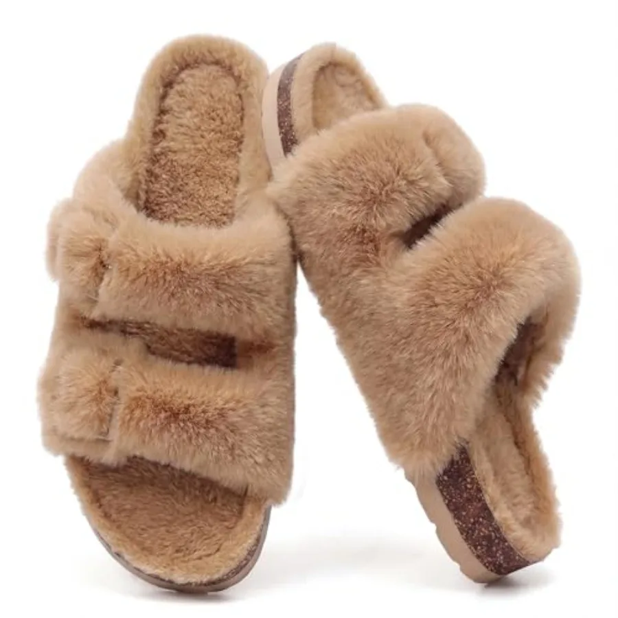 KIDMI Fuzzy Slippers Women with Cork Footbed Fluffy Slides Open Toe Indoor House Shoes Arch Support Adjustable Buckles