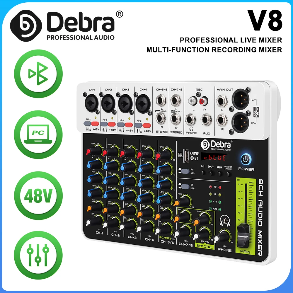 V8 Audio Interface Mixer with Bluetooth 5.0 Phantom Power Delayed Replay Effects DJ Mixer for Computer Recording, Bars, Bands