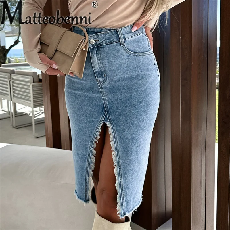 Women's Sweet Style Solid ColorSplit Wrap Hip Denim Skirt Female Korean Fashion Burrs Slim Fit Half-body Dresses Casual Commuter