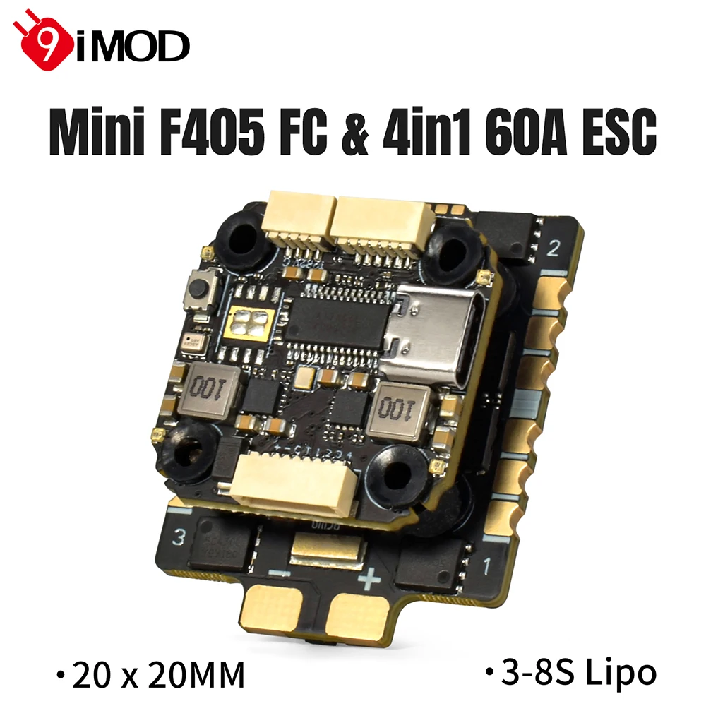 

9IMOD MINI F405 Flight Stack F405 Управление полетом 60A ESC 3-8S Lipo 20x20 мм ICM42688 Гироскоп для RC FPV Racing Drone