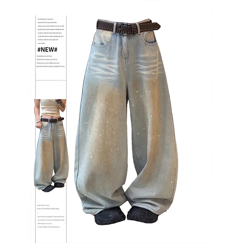 

Retro American High Street Distred Rhinestone Jeans Women's Loose Slimming Floor-Length Pants High Waist Neutral Sle