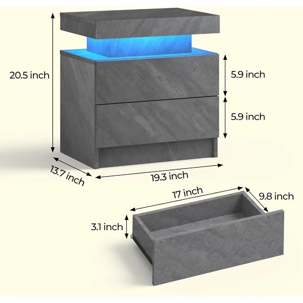 Meja Malam Modern LED dengan 2 Laci untuk Kamar Tidur, Meja Malam Desain Ramping untuk Penerangan Malam Hari