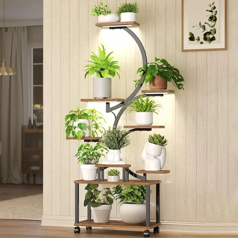 63 Inch Indoor Plant Stand with Grow Lights 9 Tiered Shelving Unit on Wheels Flower Display Rack Home Garden