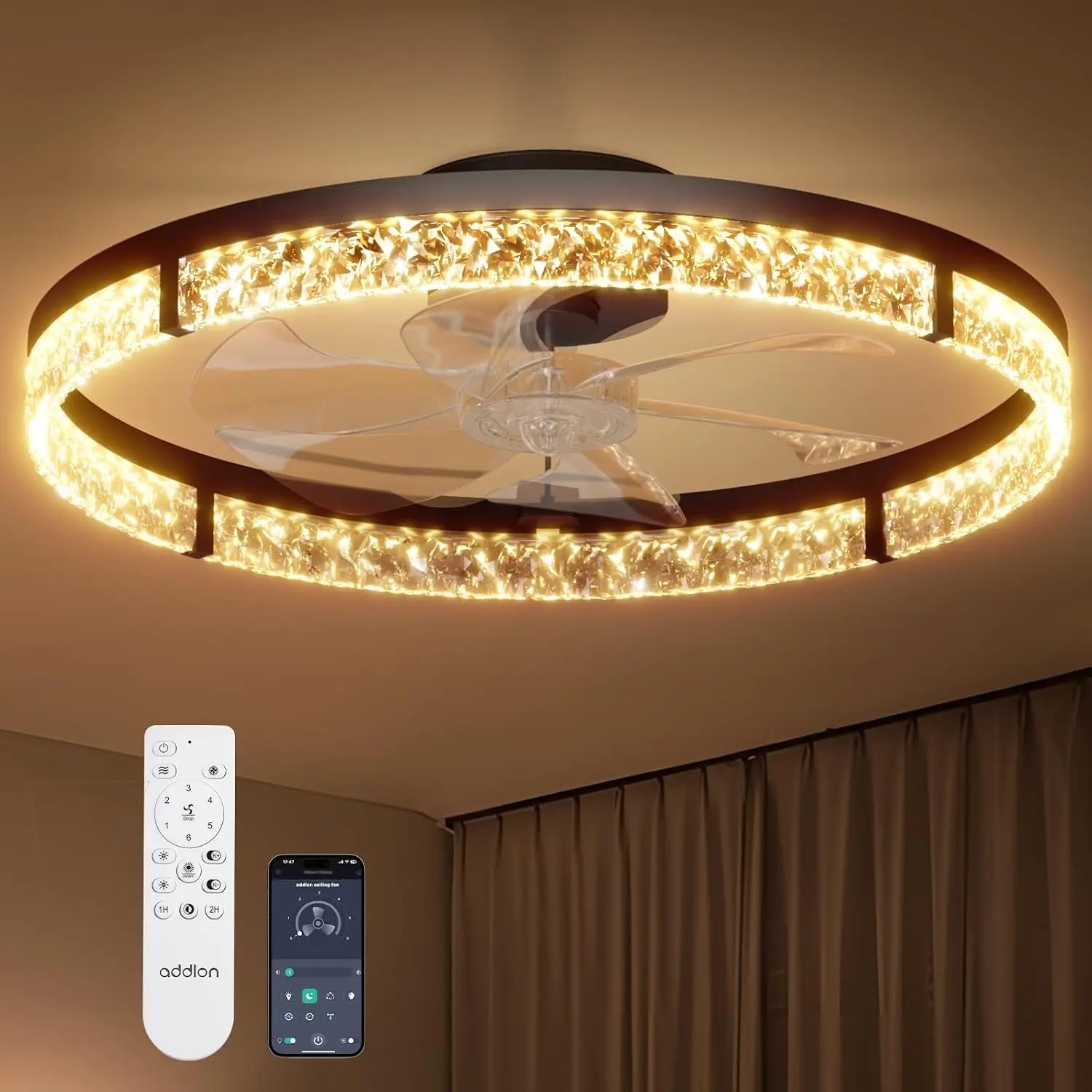 24" Low Profile Ceiling Fan with Light & Remote, Dimmable LED, Bladeless Crystal Fan Light for Bedroom, Kitchen, Living Room, Black