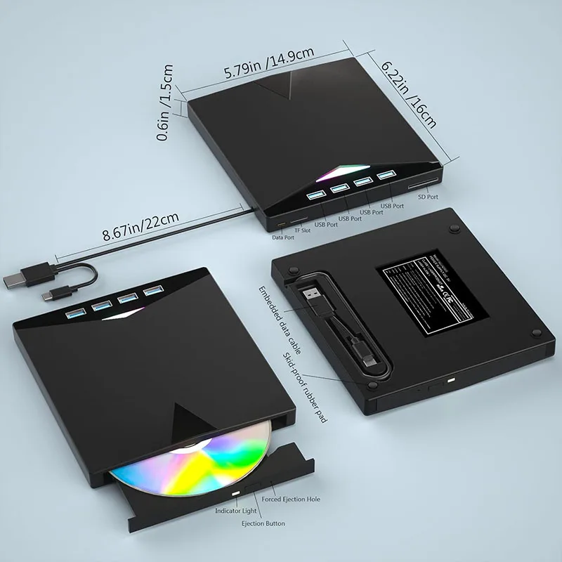 محرك أقراص CD/DVD خارجي 7 في 1 USB3.0 Type-C مشغل CD DVD RW محمول قارئ الموقد لأجهزة الكمبيوتر المحمول Windows مع فتحات بطاقة SD TF #3